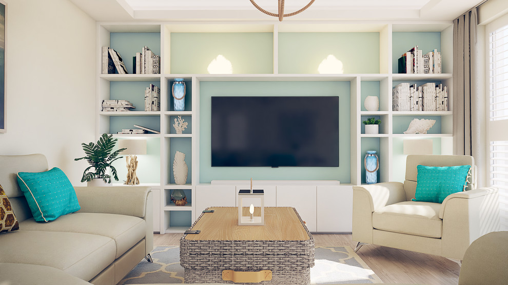 Idee per un grande soggiorno tropicale aperto con libreria, pareti blu, parquet chiaro, TV a parete e pavimento grigio