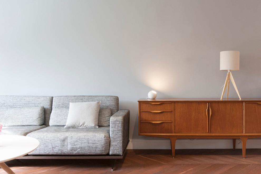 Immagine di un soggiorno minimalista di medie dimensioni e aperto con pareti grigie e parquet scuro