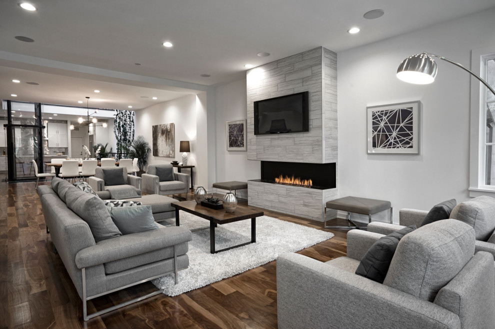 Photo of a contemporary living room in Chicago with grey walls, dark hardwood flooring, a ribbon fireplace and brown floors.