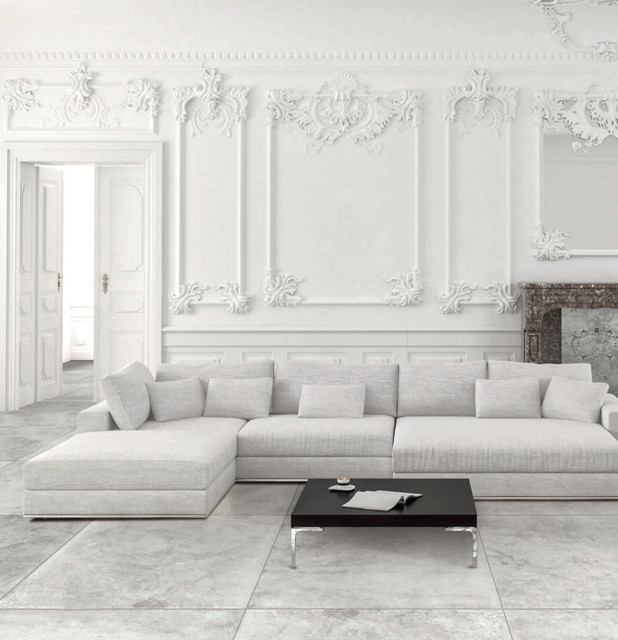 Contemporary grey living room with grey porcelain tiled floor