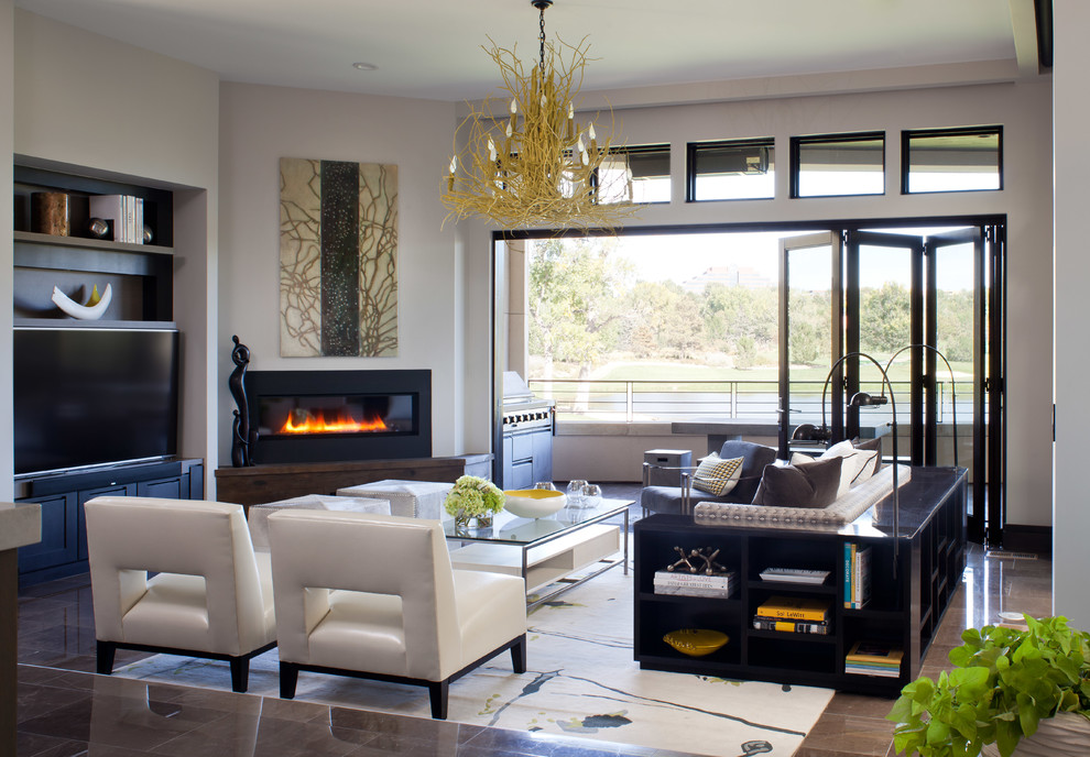 Inspiration for a contemporary living room remodel in Denver with a corner fireplace and a wall-mounted tv