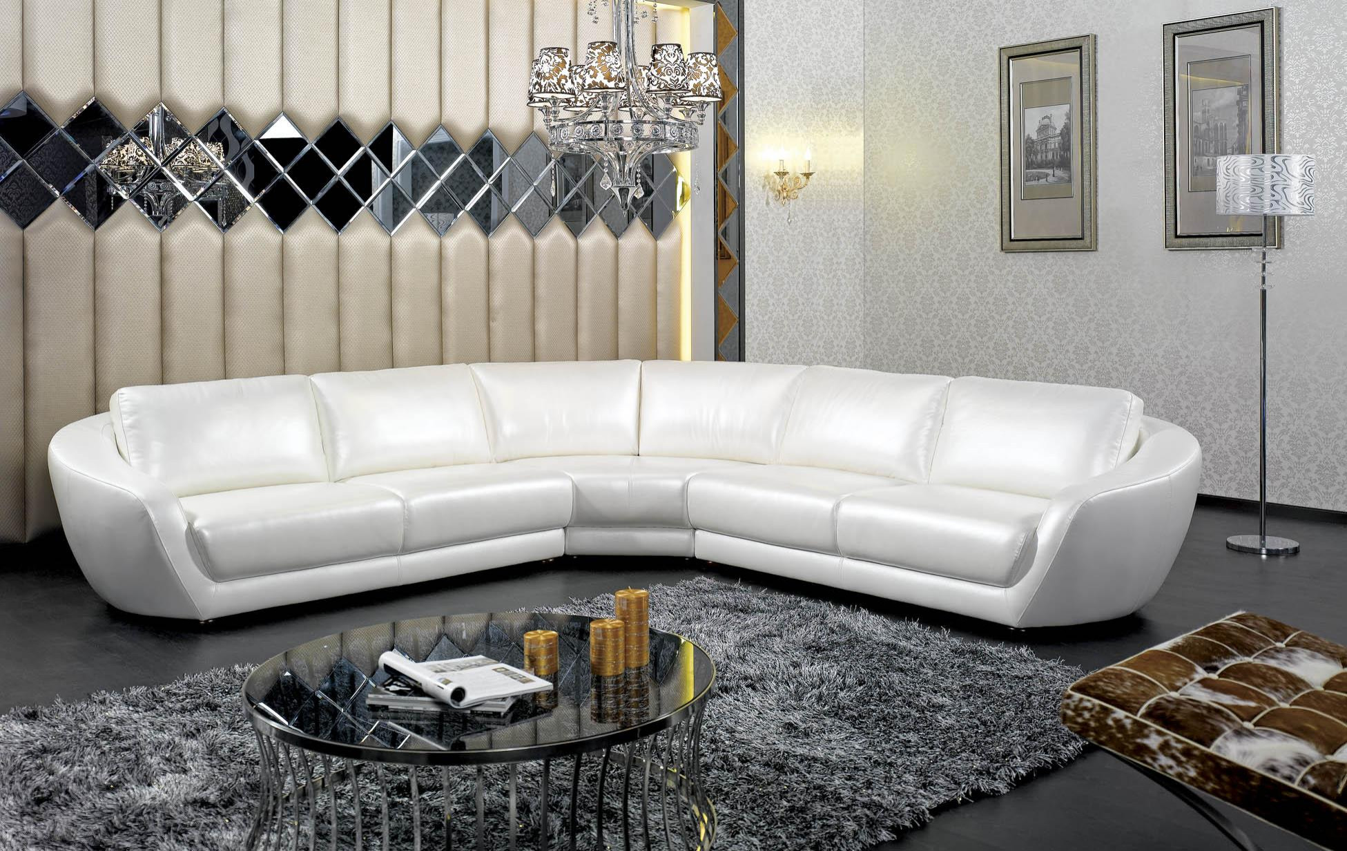 Contemporary Italian White Pearl, Leather Sectional Living Room Furniture