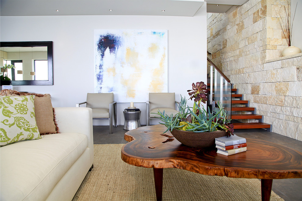 Modernes Wohnzimmer mit weißer Wandfarbe und Steinwänden in Orange County
