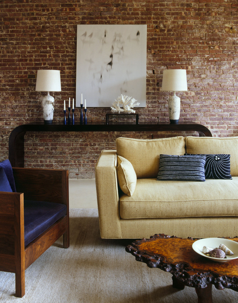 Inspiration for a contemporary living room in New York with red walls.