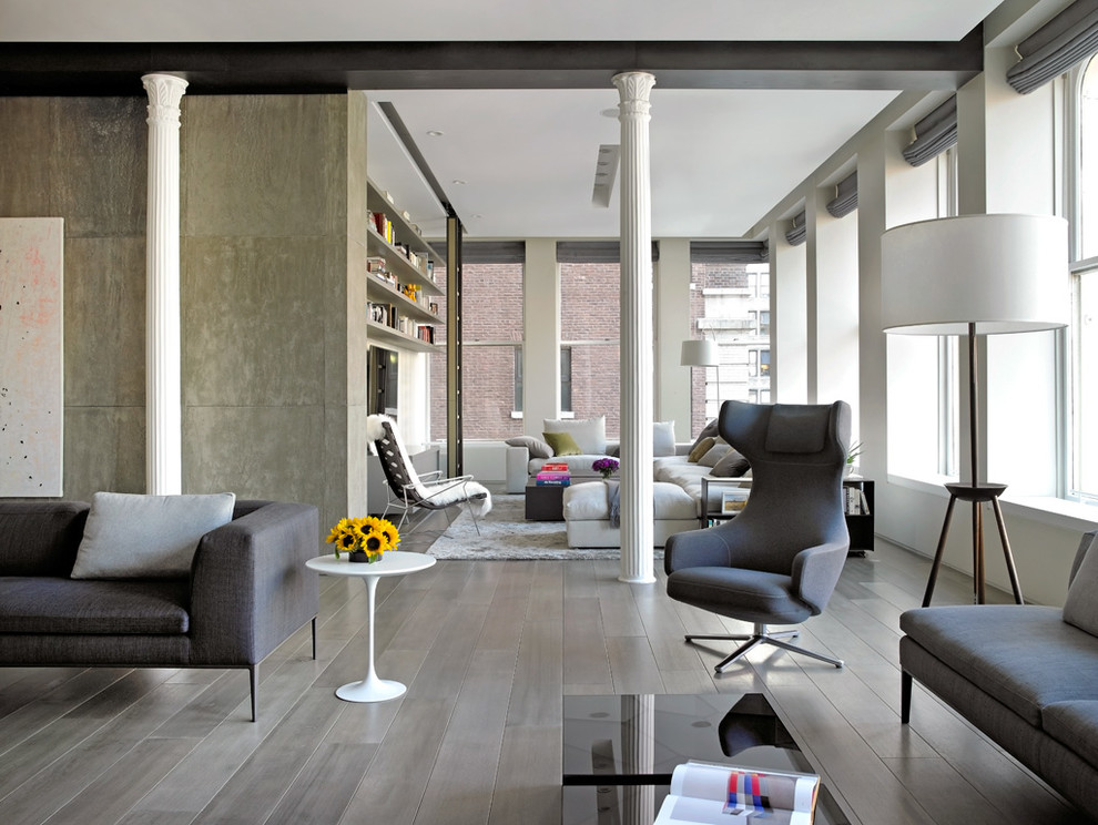 Inspiration for a large contemporary living room in New York with grey walls, medium hardwood flooring and grey floors.