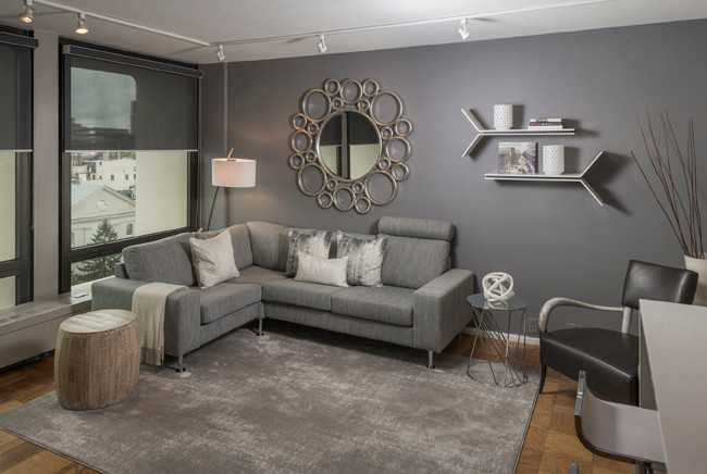 Idée de décoration pour un petit salon design fermé avec un mur gris, parquet clair et un téléviseur encastré.
