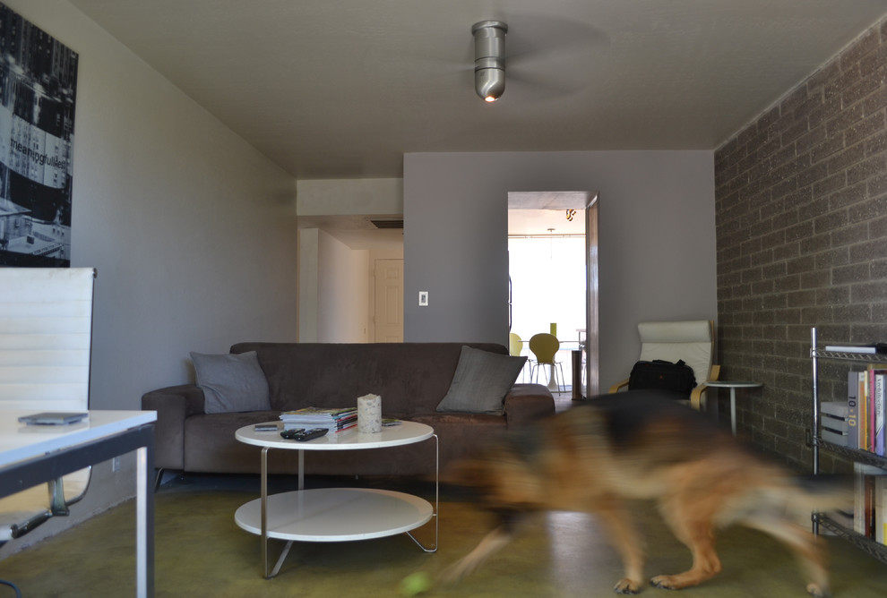 Immagine di un soggiorno design con pavimento in cemento