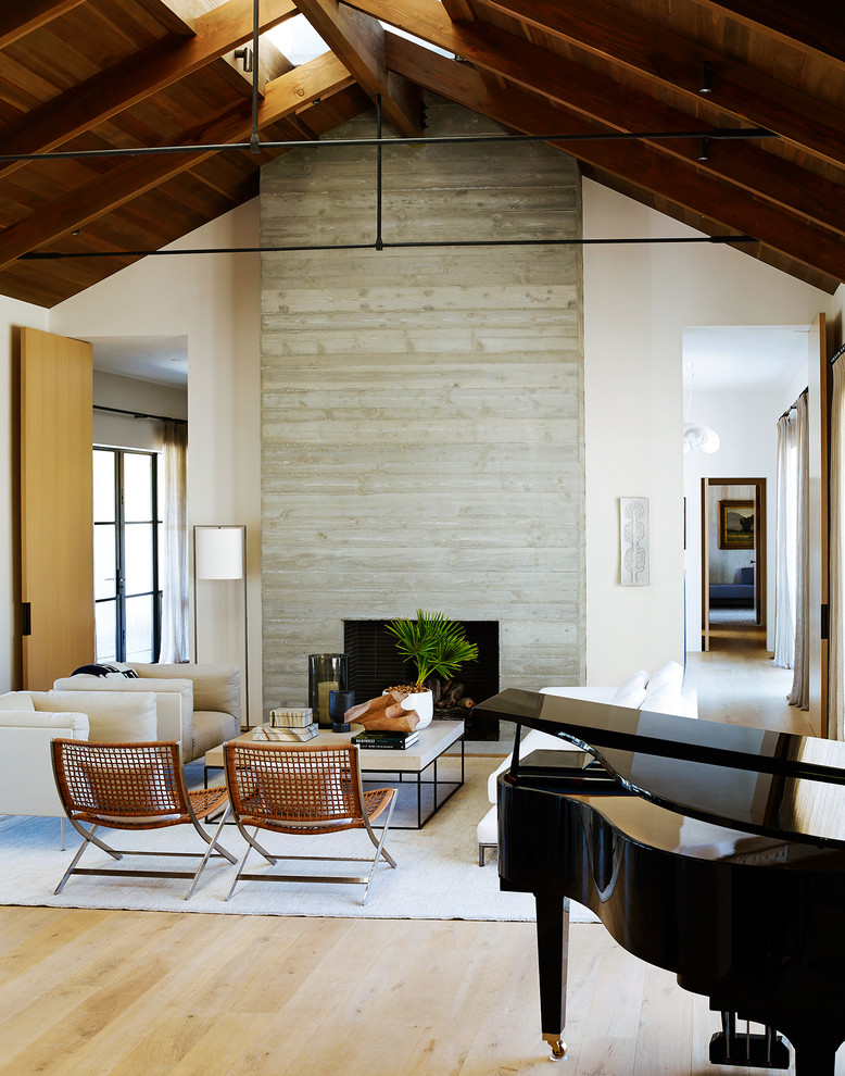 Diseño de salón para visitas abierto contemporáneo sin televisor con paredes grises, suelo de madera clara, todas las chimeneas, marco de chimenea de hormigón y suelo beige