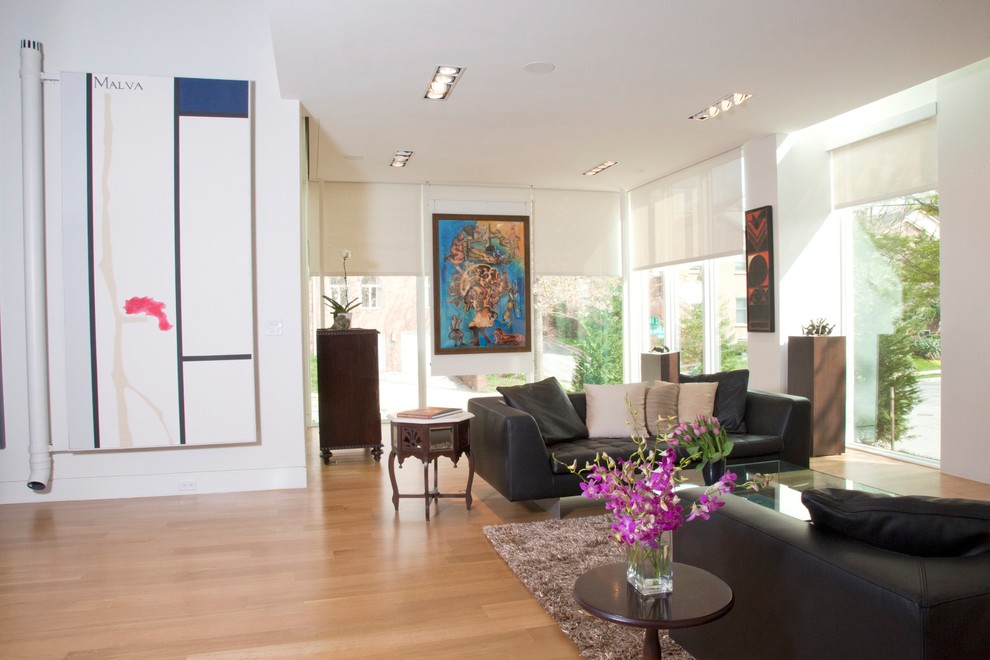 Mittelgroßes, Offenes Modernes Wohnzimmer ohne Kamin mit weißer Wandfarbe und hellem Holzboden in Washington, D.C.