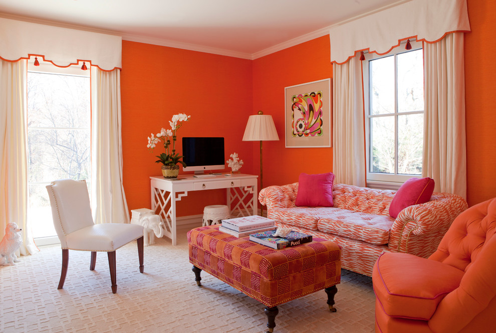 Example of a trendy formal carpeted living room design in New York with orange walls