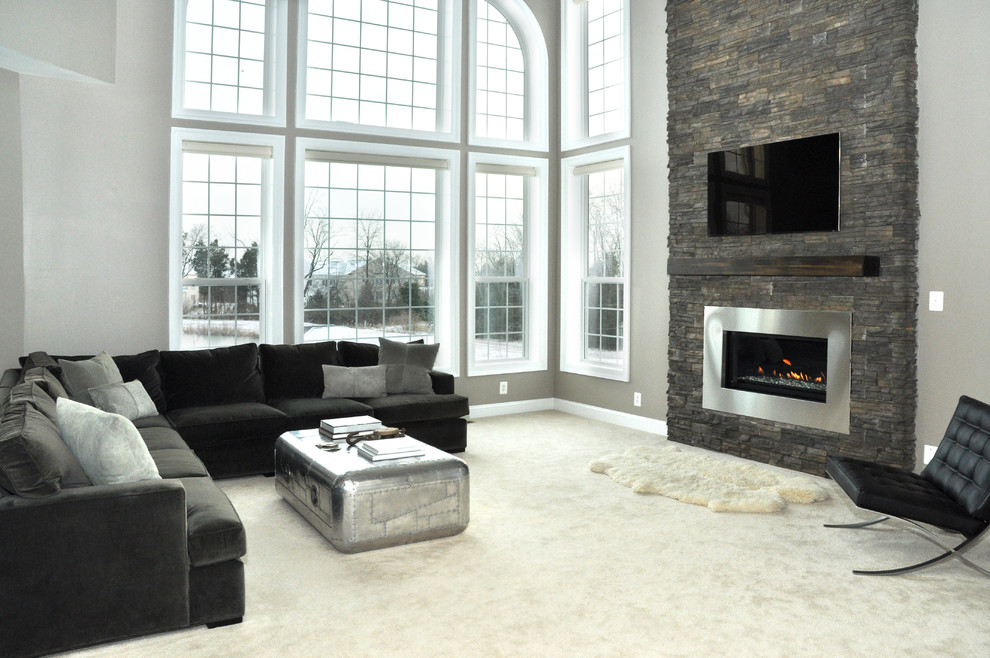 Inspiration for a contemporary living room remodel in DC Metro with a ribbon fireplace