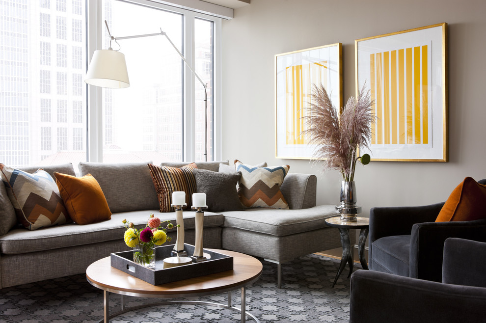 Inspiration for a mid-sized contemporary open concept light wood floor living room remodel in Boston with gray walls and a wall-mounted tv