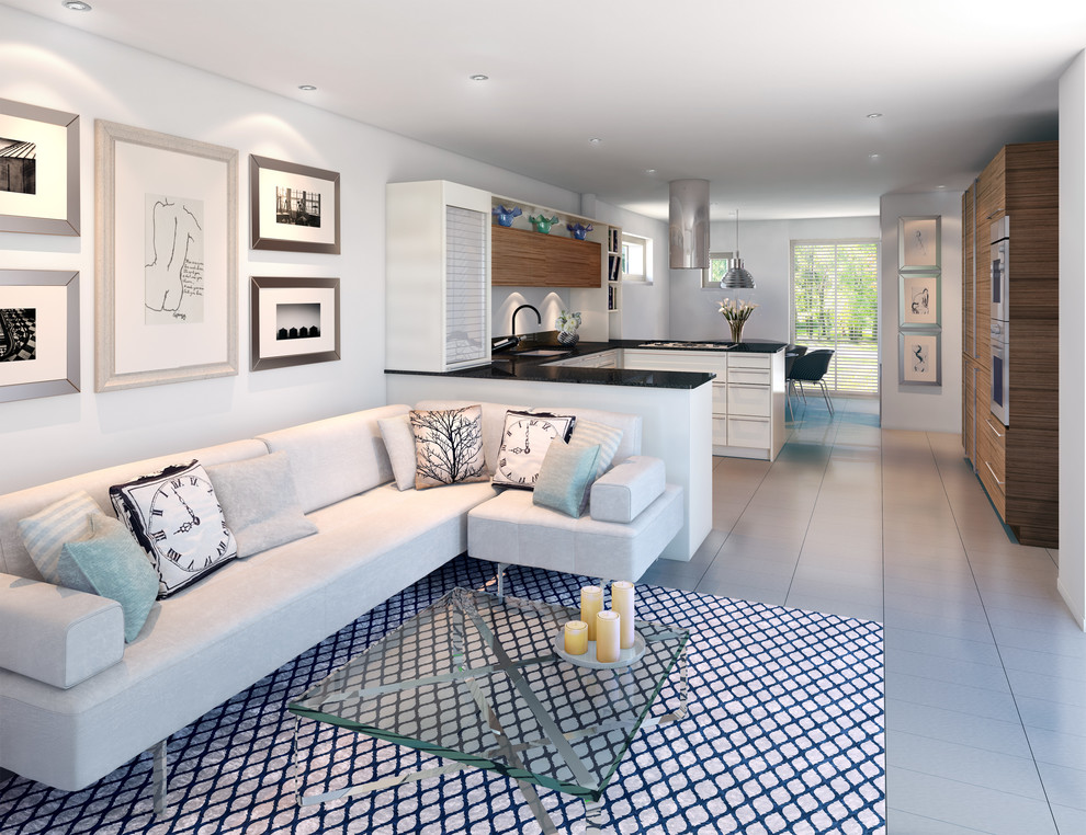 Example of a trendy open concept living room design in London with white walls
