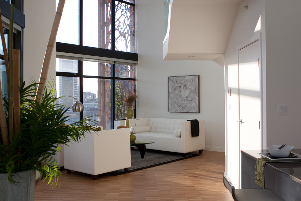 Идея дизайна: гостиная комната в современном стиле с белыми стенами