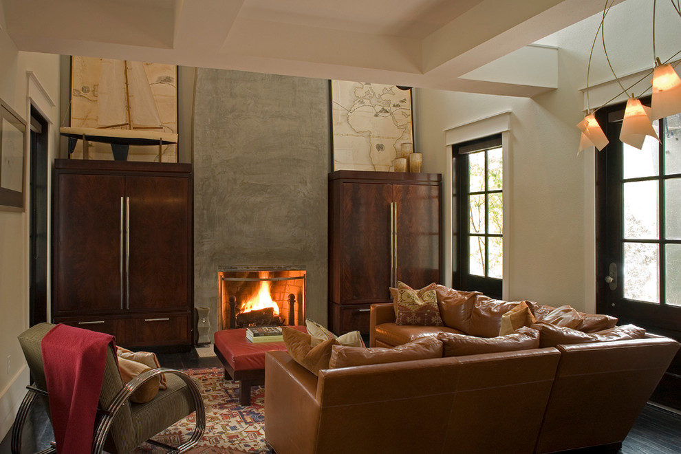Example of a trendy living room design in Other with beige walls, a standard fireplace and no tv