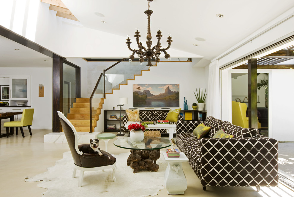 Inspiration for a contemporary open plan living room in Orange County with white walls.