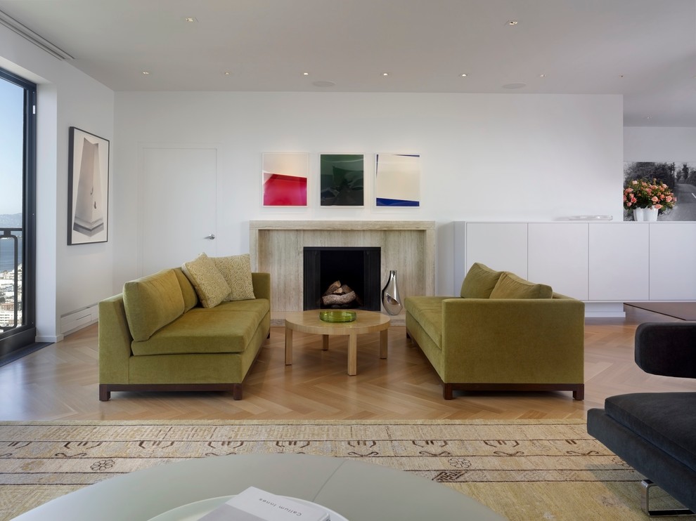 Großes, Repräsentatives Modernes Wohnzimmer mit weißer Wandfarbe, braunem Holzboden, Kamin und Kaminumrandung aus Stein in San Francisco