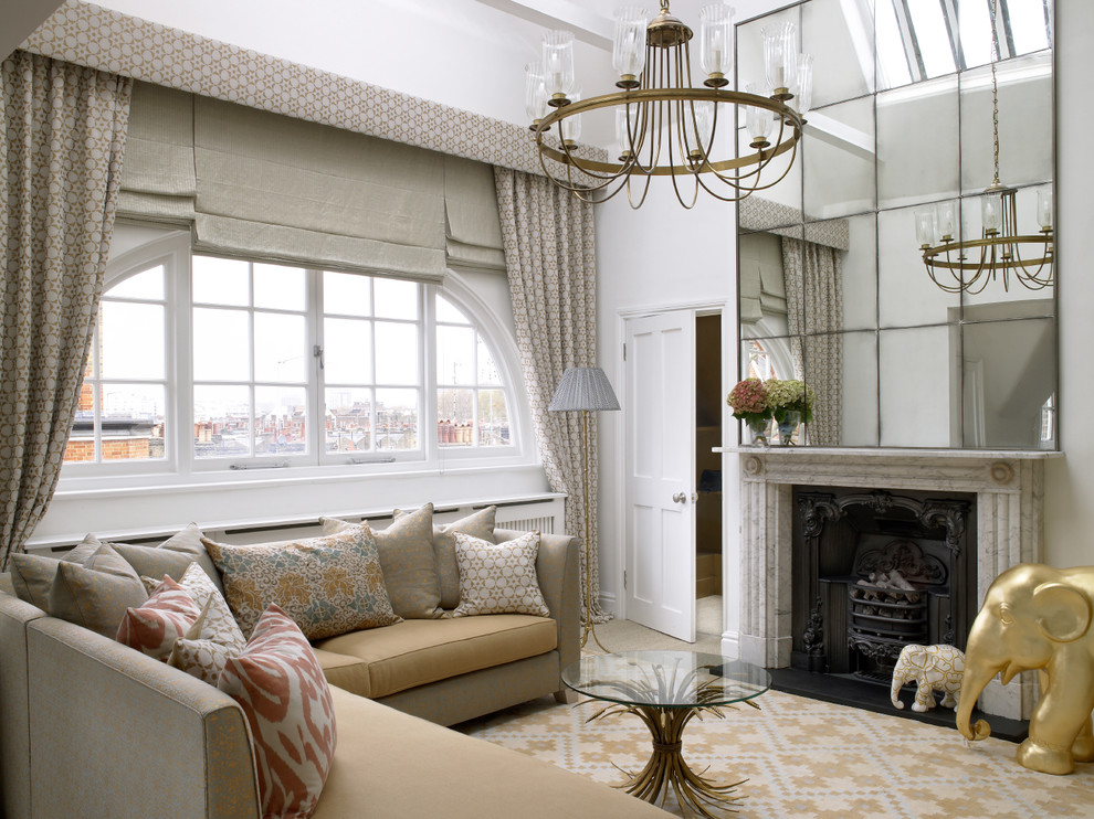 Imagen de salón contemporáneo con todas las chimeneas, marco de chimenea de piedra y cortinas