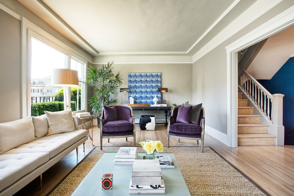 Trendy living room photo in San Francisco with beige walls