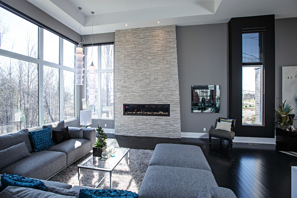 Example of a trendy dark wood floor living room design in Ottawa with gray walls, a ribbon fireplace and a stone fireplace