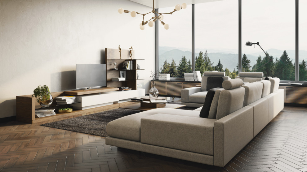 Inspiration for a medium sized contemporary formal enclosed living room in Other with beige walls, light hardwood flooring, a wall mounted tv, beige floors and brick walls.