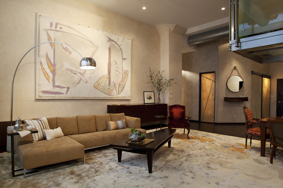 Immagine di un ampio soggiorno contemporaneo con pareti beige