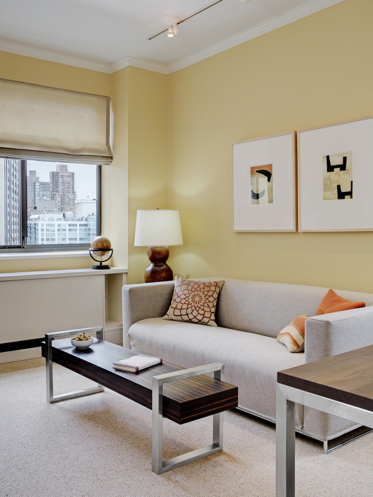 Design ideas for a contemporary living room in New York with yellow walls and feature lighting.