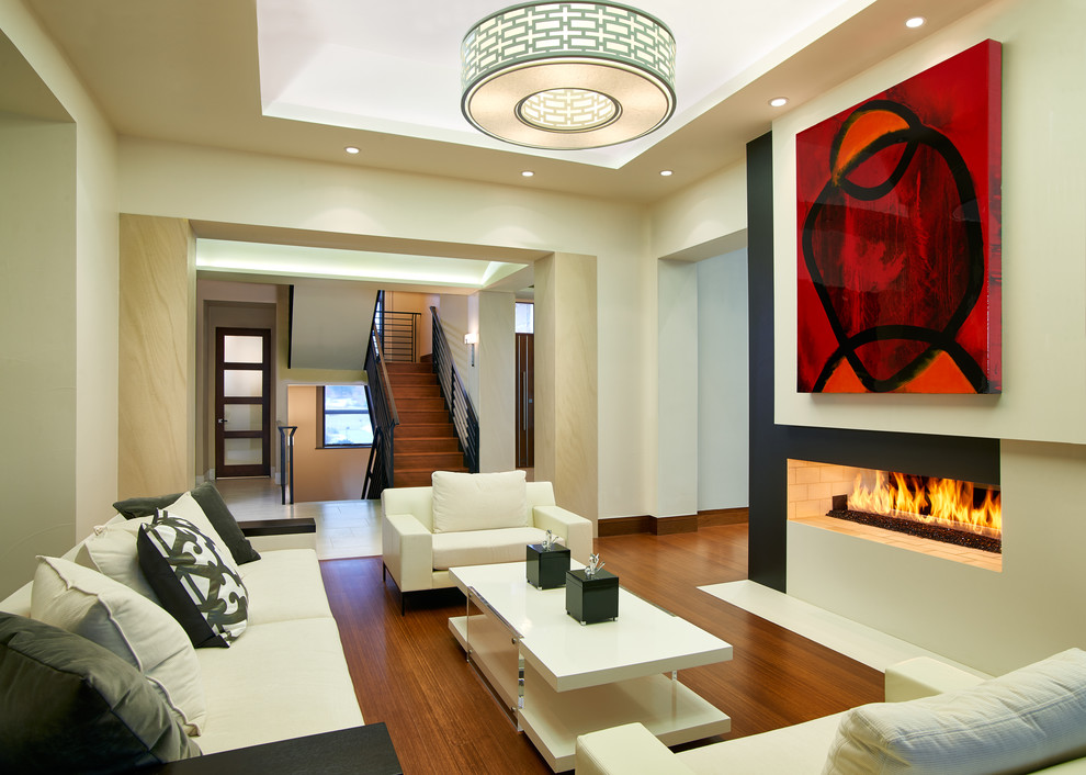 Repräsentatives, Offenes Modernes Wohnzimmer mit beiger Wandfarbe, braunem Holzboden und Tunnelkamin in Denver