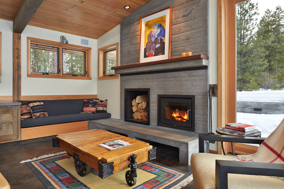 Cette image montre un salon design avec sol en béton ciré et une cheminée standard.