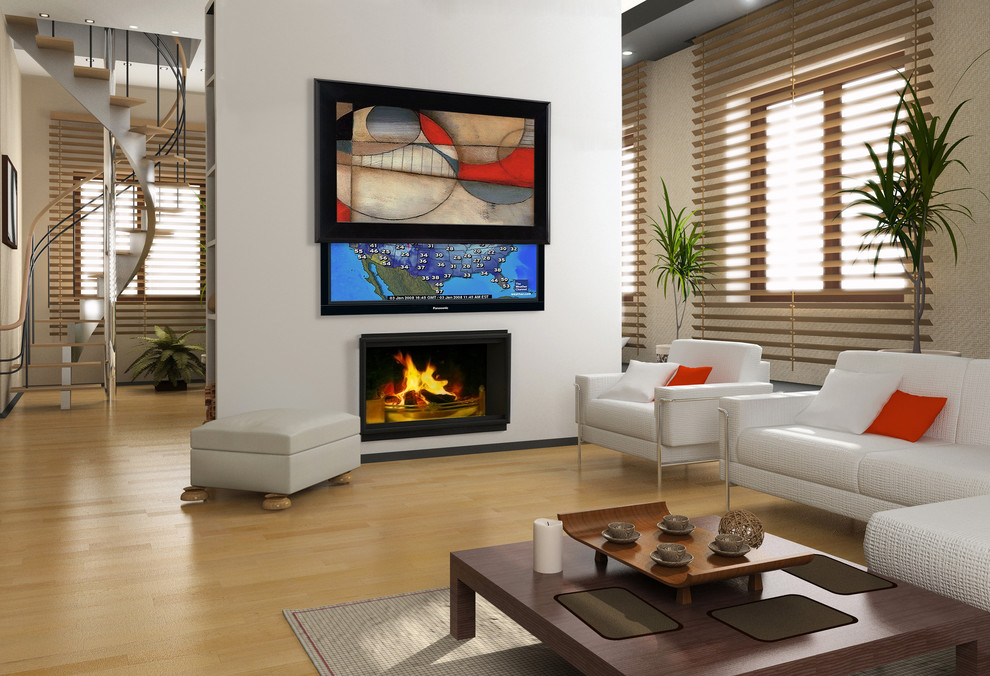 マイアミにある巨大なコンテンポラリースタイルのおしゃれなLDK (白い壁、淡色無垢フローリング、標準型暖炉、漆喰の暖炉まわり、内蔵型テレビ) の写真