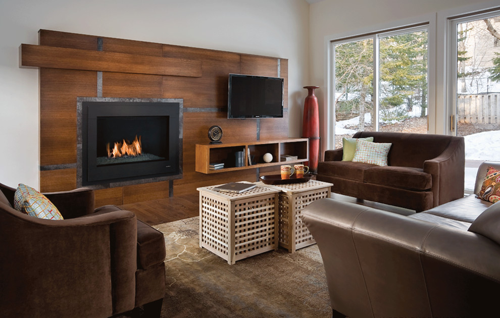 Design ideas for a contemporary living room in Minneapolis with a ribbon fireplace and a wall mounted tv.