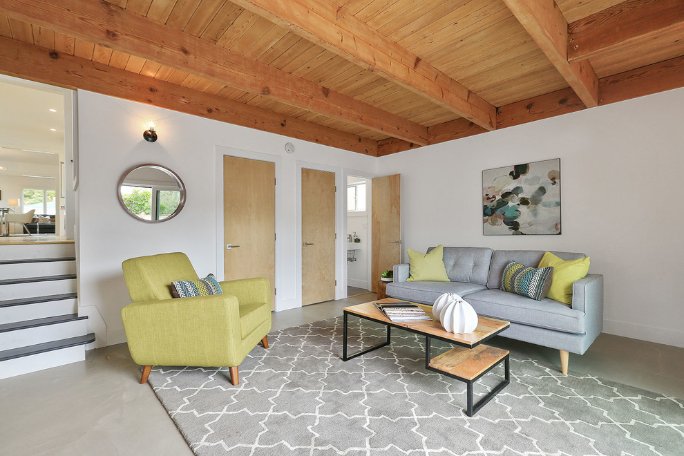 Foto di un soggiorno minimal aperto con pareti bianche e pavimento beige