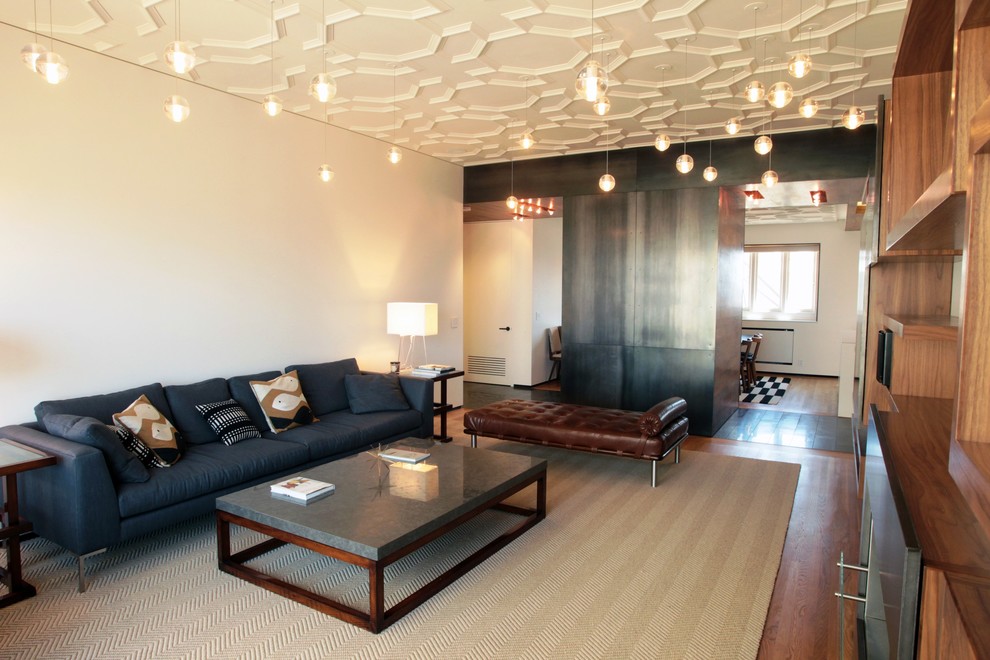 Aménagement d'un salon contemporain avec un mur blanc et un sol en bois brun.
