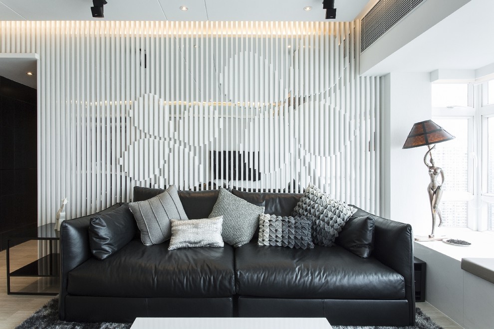 Пример оригинального дизайна: гостиная комната в современном стиле с белыми стенами