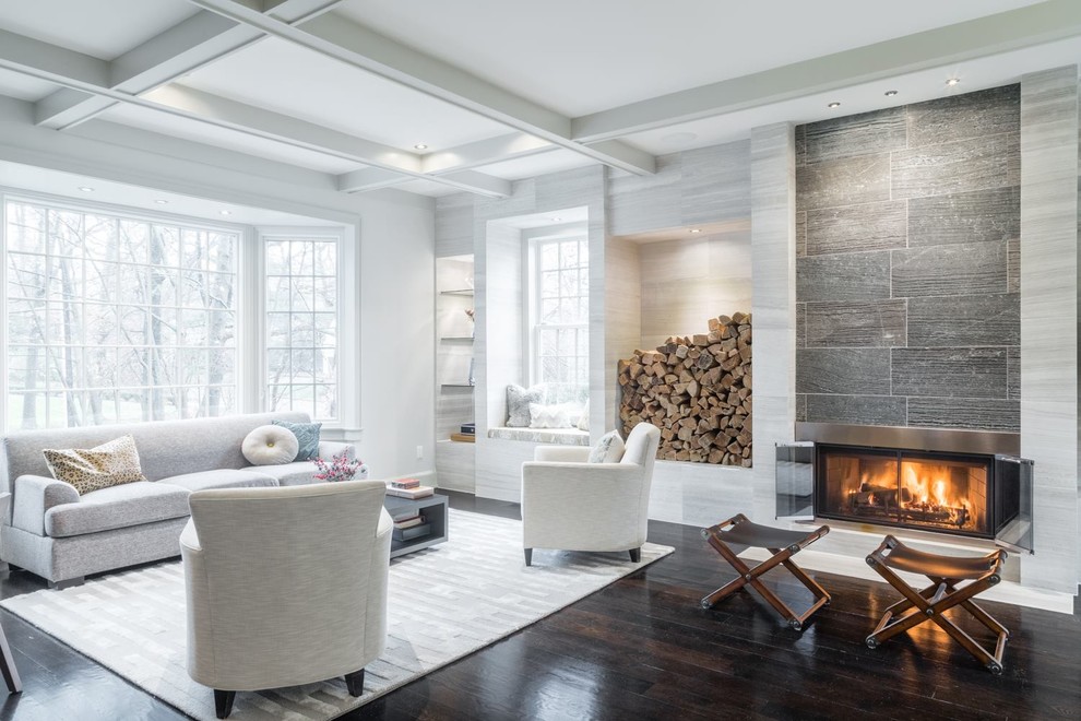 Large trendy open concept and formal dark wood floor and brown floor living room photo in New York with a ribbon fireplace, white walls, a metal fireplace and no tv