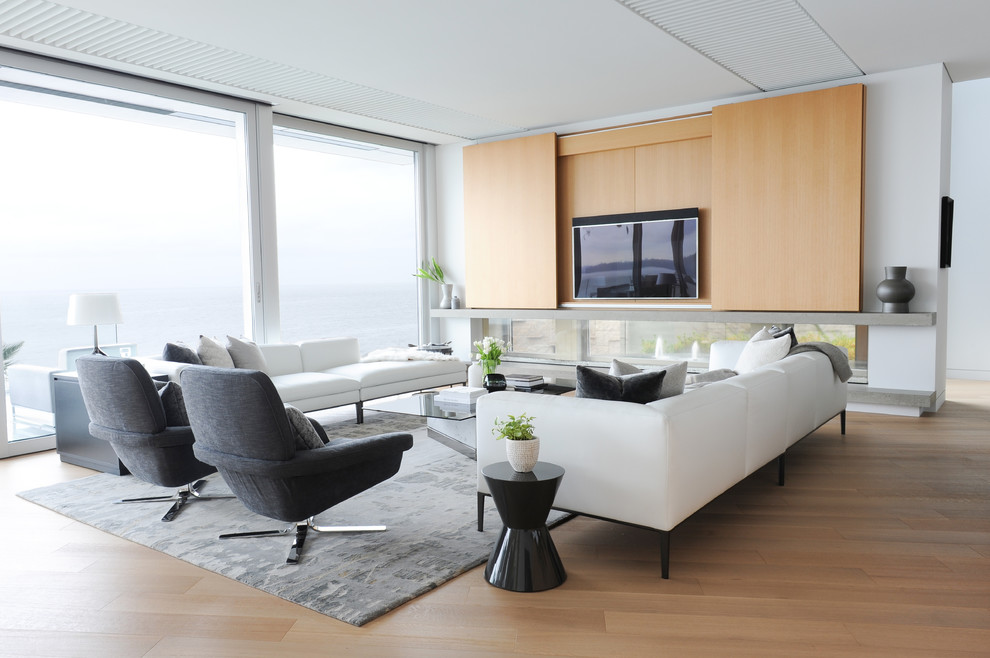 Imagen de salón contemporáneo con paredes blancas, suelo de madera en tonos medios y televisor retractable