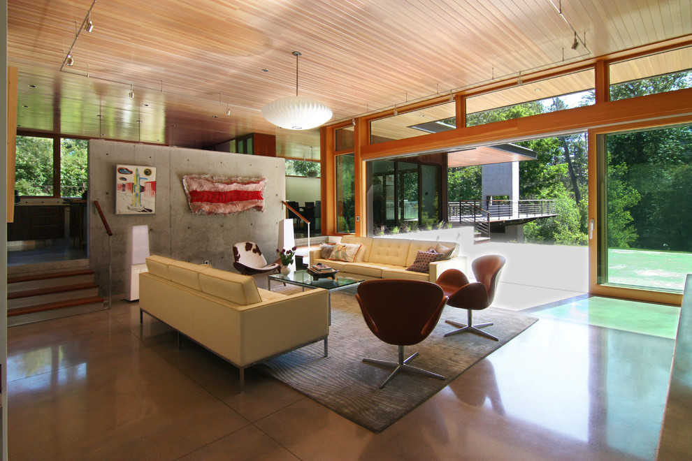 Свежая идея для дизайна: гостиная комната в современном стиле с полом из керамической плитки - отличное фото интерьера
