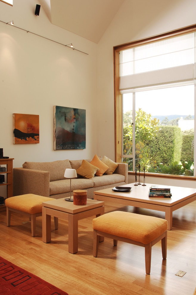 Foto de salón actual con suelo de madera en tonos medios
