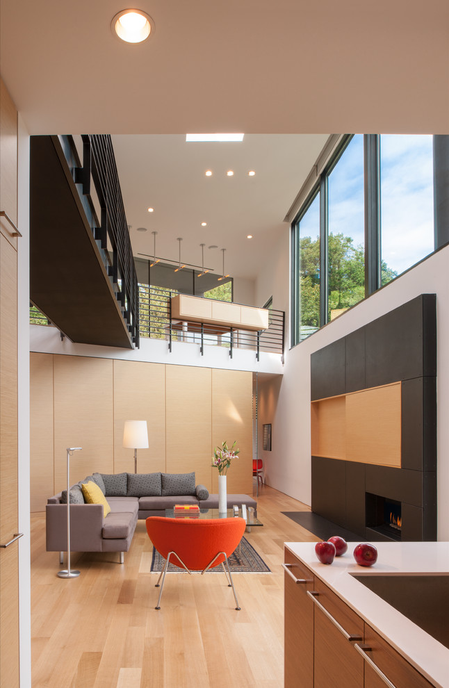 Imagen de salón contemporáneo con paredes blancas, suelo de madera clara, chimenea lineal, televisor retractable y marco de chimenea de metal