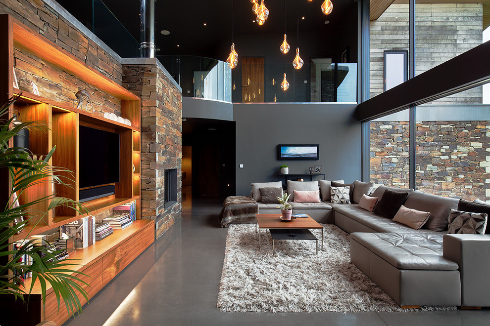 Contemporary Living Room Walnut Matte Grey Stacked Stone Contemporary Living Room Cornwall By Yeo Design Houzz