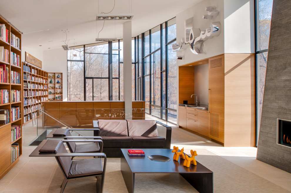 Идея дизайна: парадная гостиная комната в современном стиле с белыми стенами без телевизора