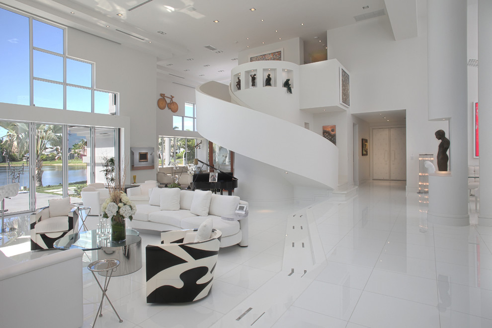 Ispirazione per un soggiorno contemporaneo aperto con sala formale e pareti bianche