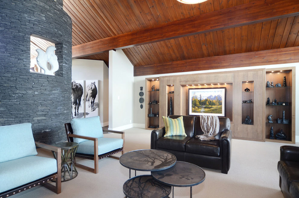 Идея дизайна: большая гостиная комната в современном стиле с ковровым покрытием и фасадом камина из камня