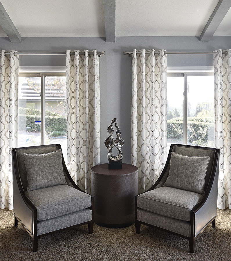Immagine di un soggiorno chic di medie dimensioni e aperto con sala formale, pareti grigie, moquette, TV autoportante e pavimento marrone