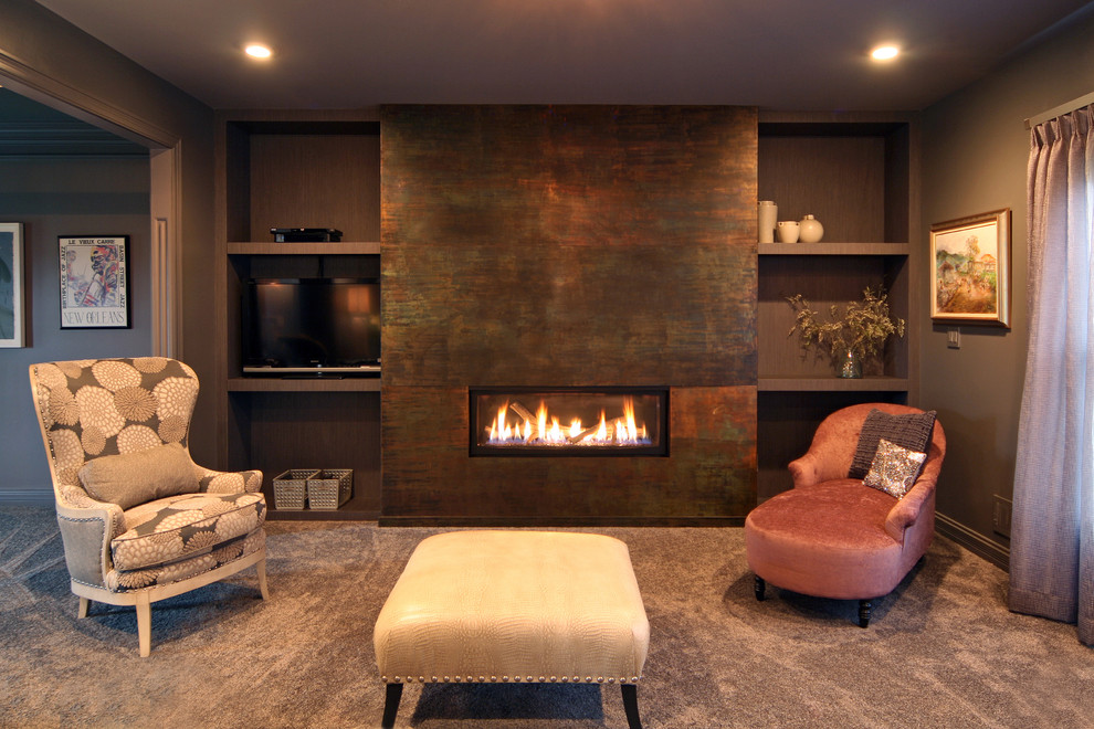 Medium sized contemporary formal open plan living room in Louisville with grey walls, carpet, a standard fireplace and a metal fireplace surround.