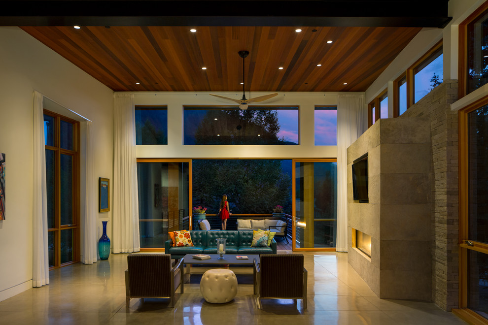 Imagen de salón para visitas abierto contemporáneo de tamaño medio con paredes beige, suelo de cemento y pared multimedia