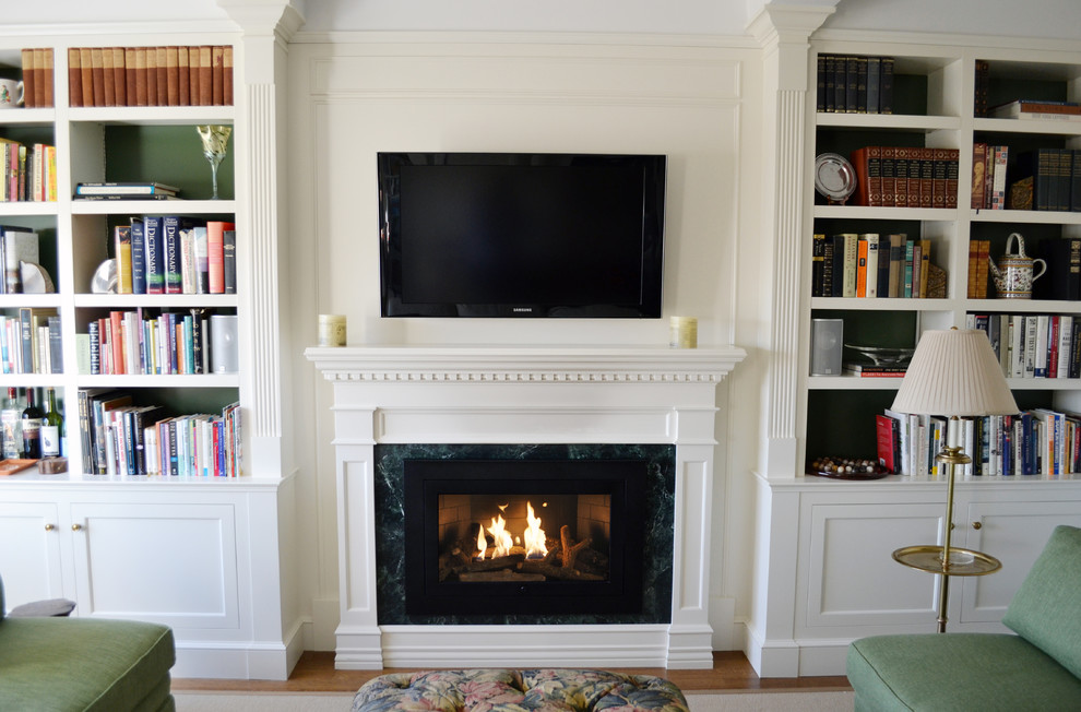 Inspiration for a mid-sized contemporary formal medium tone wood floor living room remodel in New York with white walls, a standard fireplace, a tile fireplace and a wall-mounted tv