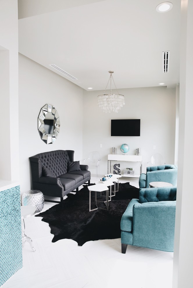 Design ideas for a small traditional formal and grey and teal enclosed living room in Houston with grey walls, lino flooring, no fireplace and a wall mounted tv.