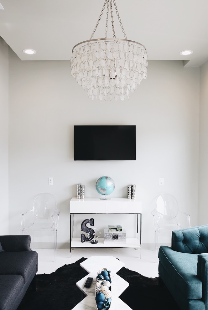 Inspiration for a small transitional formal vinyl floor living room remodel in Houston with gray walls and a wall-mounted tv