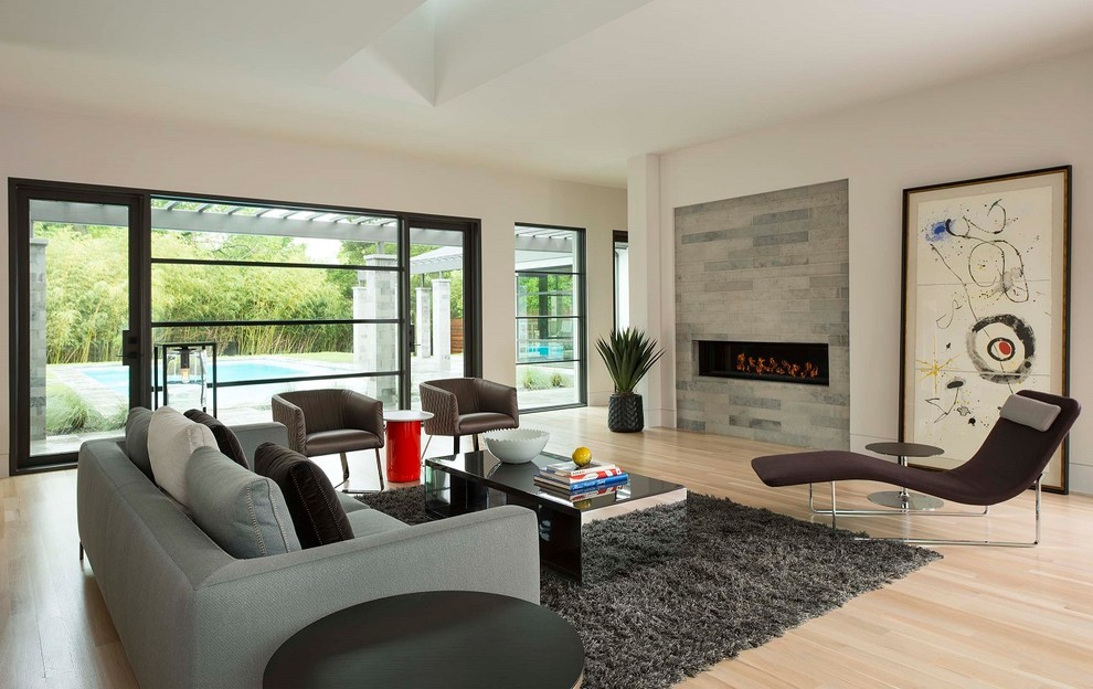 Offenes, Großes Modernes Wohnzimmer mit Kaminumrandung aus Stein, Gaskamin, weißer Wandfarbe und hellem Holzboden in Dallas